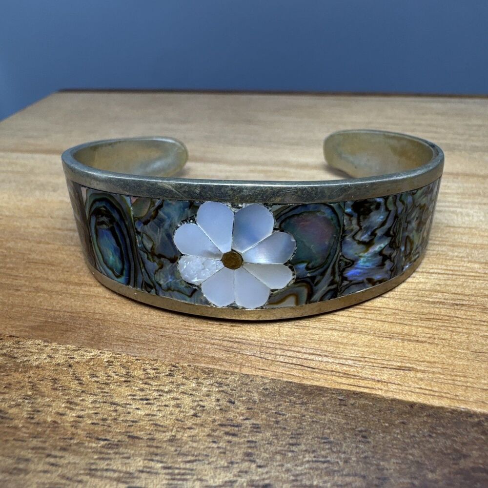 VNT Mexico Alpaca Silver Tone Abalone Mother of Pearl Shell Flower Cuff Bracelet